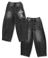Cross Print Curved Ballon Denim_Black