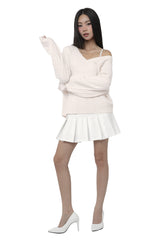 Hugging ribbon pleated skirt, White