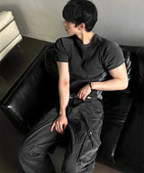 ピグメントカラーブロックマッスルフィットリベッドショートスリーブニット