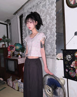 (2color) Flower Lace Crop Short Sleeve Tee