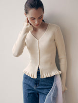 V NECK RUFFLE CARDIGAN IVORY