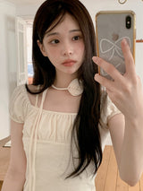 #Hano Layered Rib Short Sleeve T-shirt + Rose Tie Set (3color)