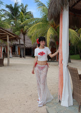 Flower-printed cropped short-sleeved T-shirt