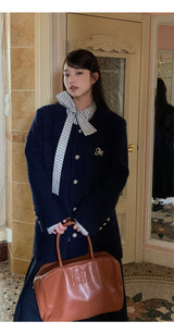 Renee Navy No Collar Round Half Coat