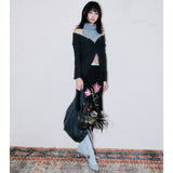 Ribbon-Twisted Top *Scarf Set [Black]