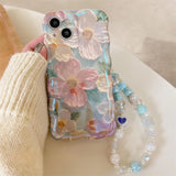 3D フラワー チェーン ウェーブ フレーム iPhone ケース ウィズ ビーズ ウィスト ストラップ