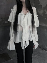 シフォンラッフルVネックシアーブラウス (2color)