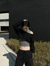 Halter collar sleeveless & long sleeve cropped knit two-piece set (2 colors)