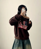 Ture unbalanced off-shoulder American flag sweatshirt