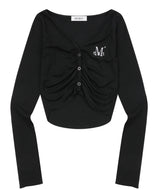 SERDIN SHIRRING SNAP BUTTON CROP CARDIGAN (2COLOR)