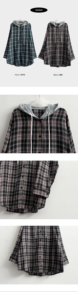 Perin ボクシー フード付きチェック柄シャツ