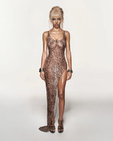 “Leopard Mesh High-Slit Gown”