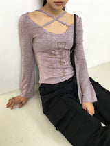 Comfo ビンテージクロスストラップディープUネック長袖Tシャツ
