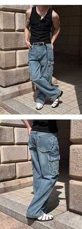 [Unisex] フリンジカーゴデニムパンツ(3color)