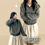 Metal logo big collar stripe knit cardigan