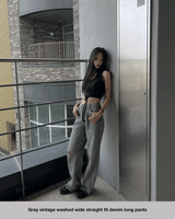 グレー ヴィンテージウォッシュ ワイドストレートフィットデニムロングパンツ (グレー)