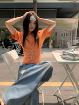 カラー バックオープン ルーズフィット 半袖Tシャツ