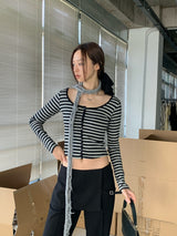 オーウェンストライプワイドユーネックロングスリーブTシャツ