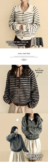 Metal logo big collar stripe knit cardigan