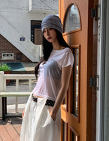 Sheer シースルー ボートネッククロップショートスリーブ