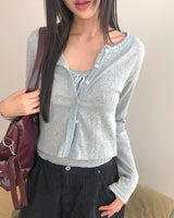 Seleo Shirring Lace Ribbon クロップド長袖ノースリーブカーディガンセット
