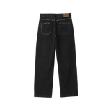 Grain Curved Seam Washed Denim Pants - BLACK