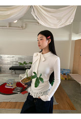 half turtleneck strap lace frill long-sleeve t-shirt
