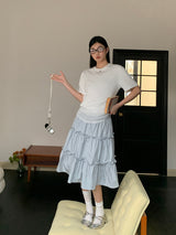 Lace shirring round loose fit short sleeve tee