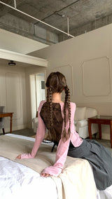 Back see-through lace long-sleeved T-shirt