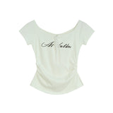 Lace Ribbon Shirred Off-Shoulder Tee 231837298