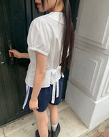 ZENNIE Round Collar Pintuck Lace Puffed Short-Sleeved Blouse