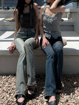Lace frill front button ribbed sleeveless top (4 colors)