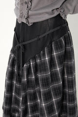 Asymmetrical drawstring patchwork plaid versatile and playful midi skirt