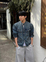With denim biker jacket