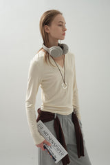 Deep V-neck Panel Top_Cream