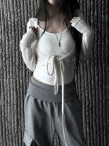 slub crop strap knit cardigan (4color)