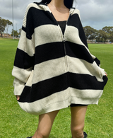 (HIGH-QUALITY!/UNISEX) ビッグフードルーズフィットストライプニットジップアップ - 2 COLOR