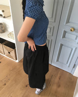 Leahue Checkered Shirring Banding Puff Short-Sleeved Blouse