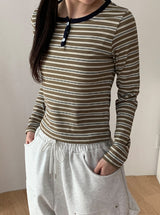 Mibat Stripe Henley Neck Long Sleeve Tee