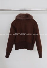Fur collar high neck slim fit short suede coat