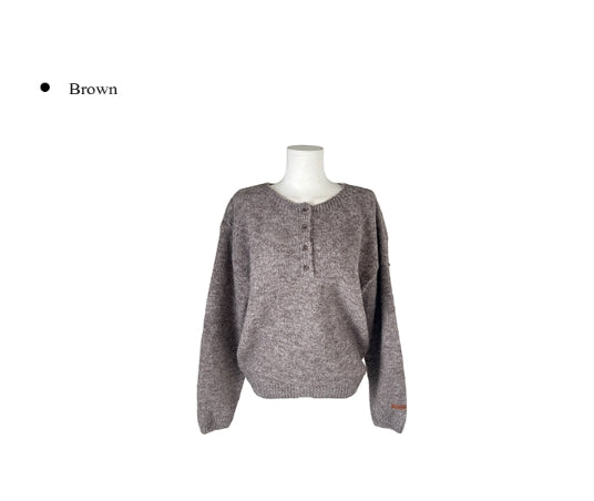Nancy Henley Neck Button Round Patch Wool Knit