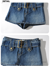 Belt dark blue mini denim pants skirt