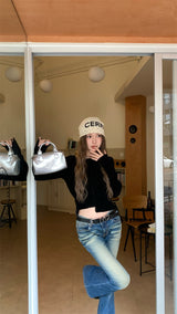 Back see-through lace long-sleeved T-shirt