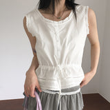 Posop Lace String Button Sleeveless Blouse