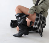 Wrinkle Shirring Belt Western Wide Long Boots
