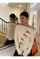 Red bow off-shoulder long-sleeved knitwear