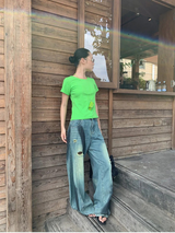 Color Back Strap Round Short Sleeve T-shirt