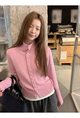 Pink button high-neck knit long-sleeved cardigan
