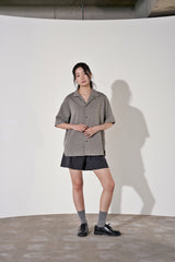 ヘリンボーンリネンレイラード 1/2 シャツ (Black)