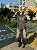 Cutting line vintage washing denim bermuda pants 2C